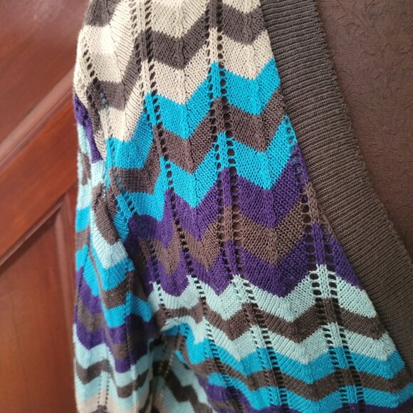 Chevron Pattern Cardigan Sweater 1x By Cotton Emporium Acrylic Knit Blue/Gray - Picture 5 of 6